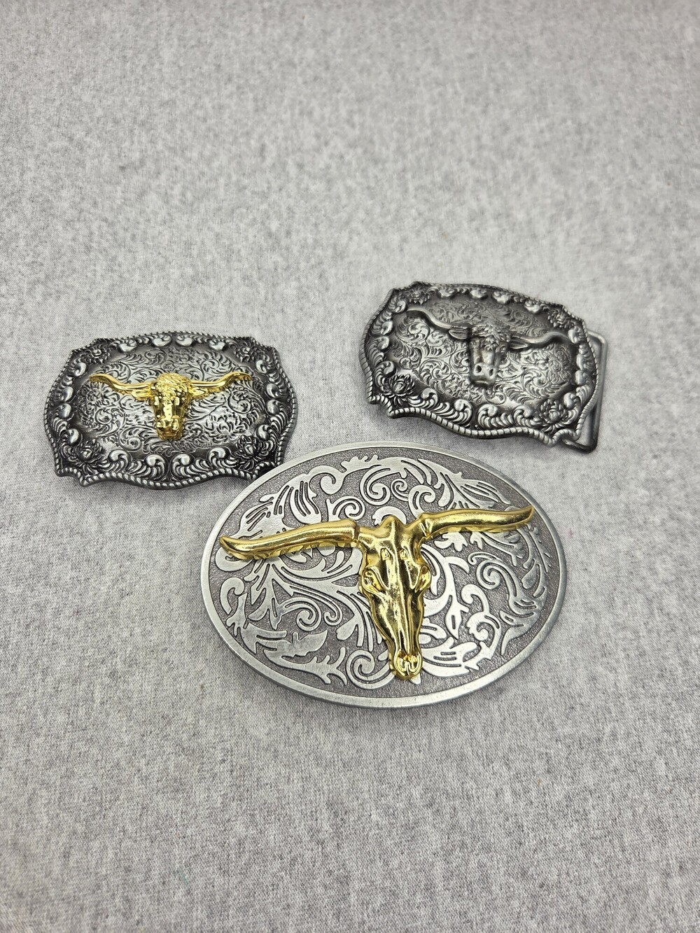 Vintage Lot of 3 Longhorn Western Belt Buckles Silver and Gold Tone Steer